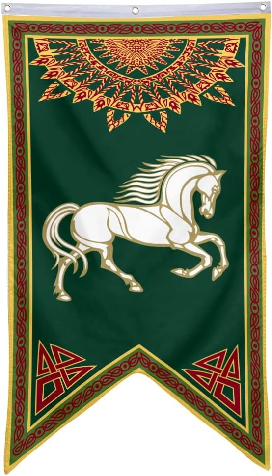 Yanbooch Lotr Rohan banner flag draped on wall for bold fantasy decor