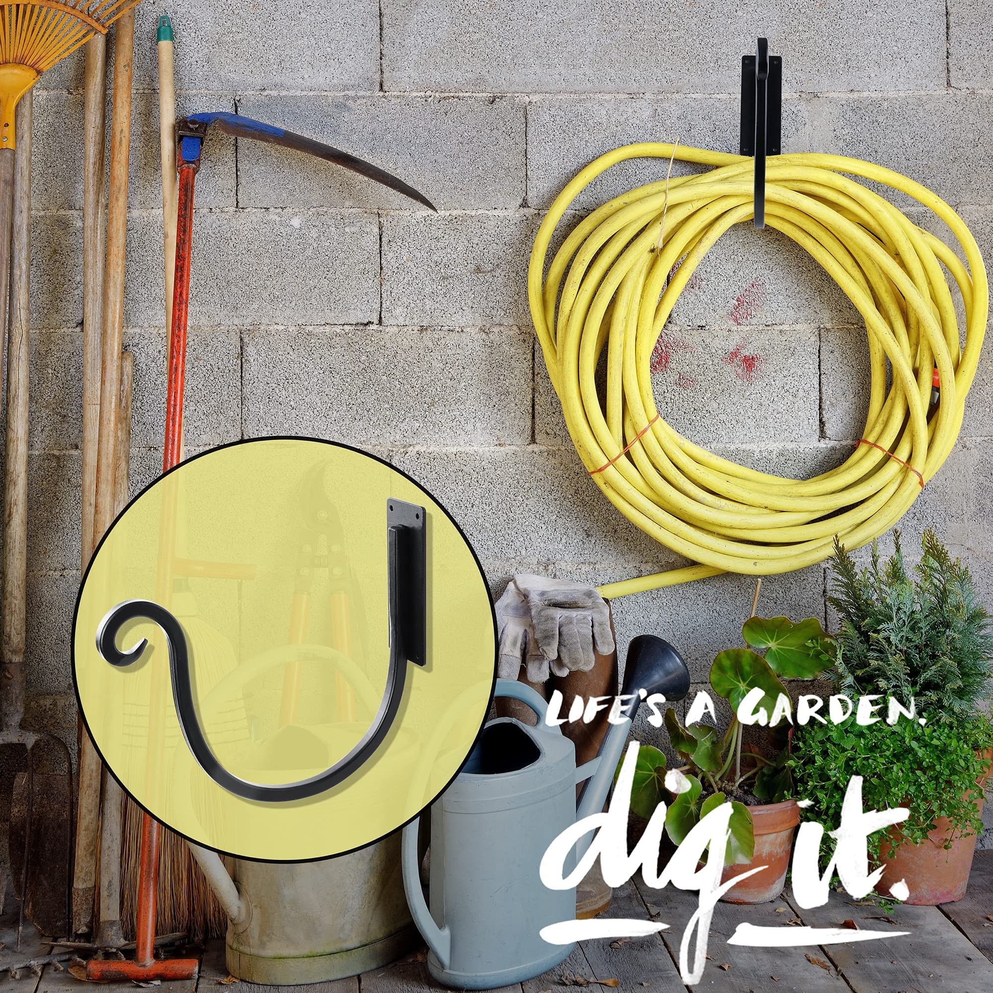 Yangshuo hose holder attached to wall enables quick hose retrieval.