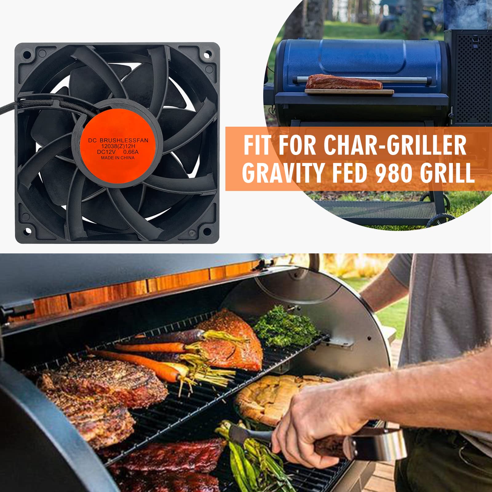 YAOAWE airflow visual showing 174 CFM boost for even grill temperature.