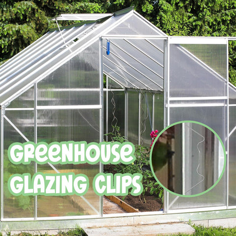 Yaocom greenhouse glazing clip in use securing glass panels during installation.