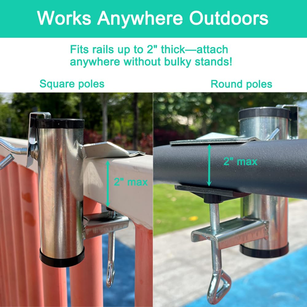 Yaoeruqi umbrella clamp fixed to a deck rail, securing a pole