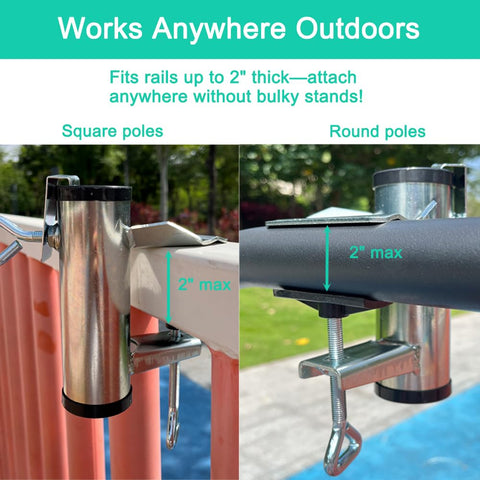 Yaoeruqi umbrella clamp fixed to a deck rail, securing a pole
