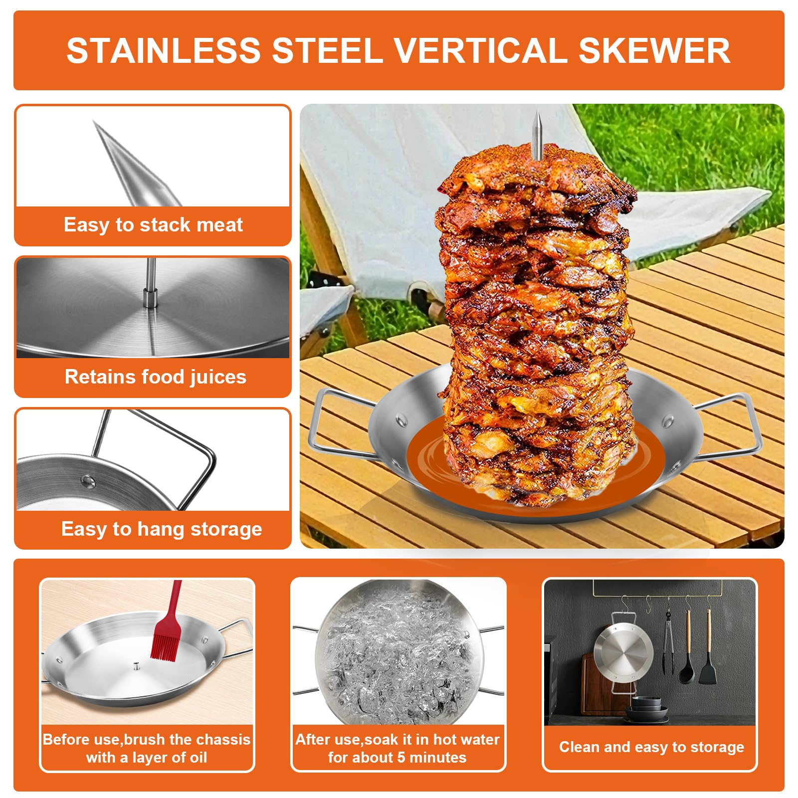 Yaokvide Al Pastor Skewer 10-inch vertical rod stabilizing heavy portions for airflow.