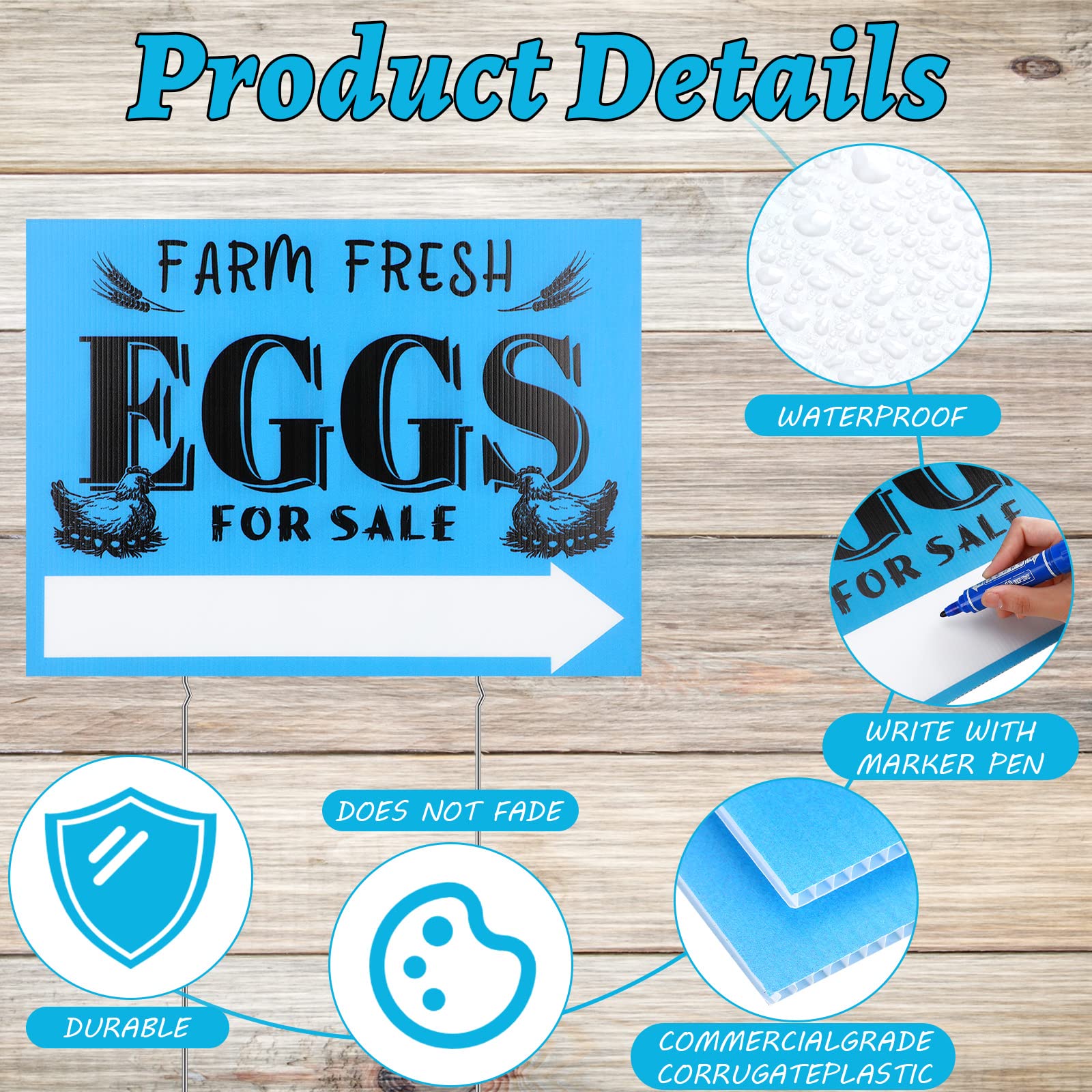 Yaomiao blue eggs sign with stake enhances outdoor farm visibility.