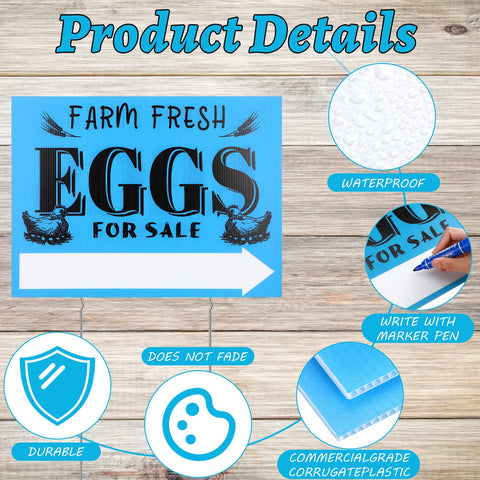 Yaomiao blue eggs sign with stake enhances outdoor farm visibility.