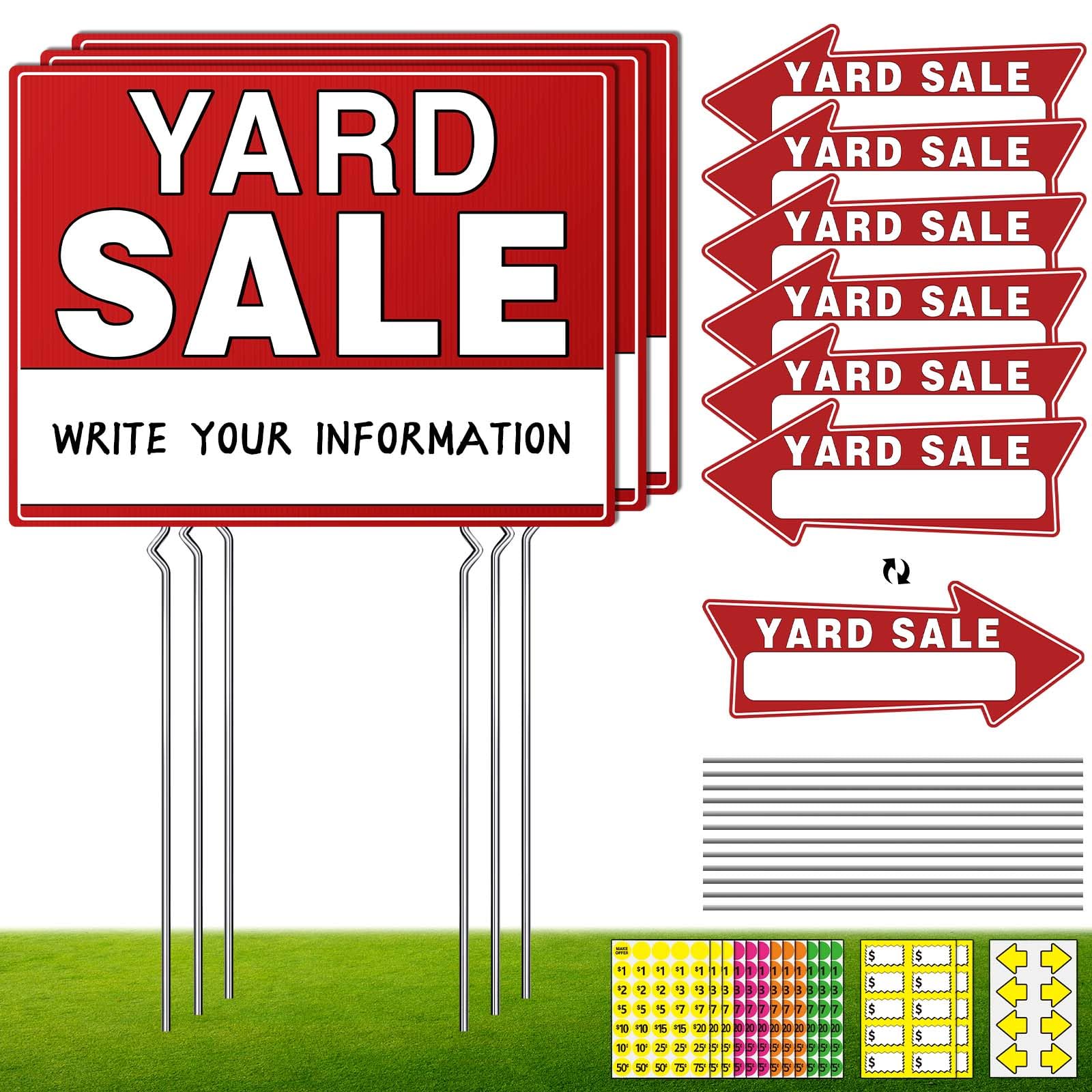 Yard Sale Signs Kit with double sided signs and stakes for strong street visibility