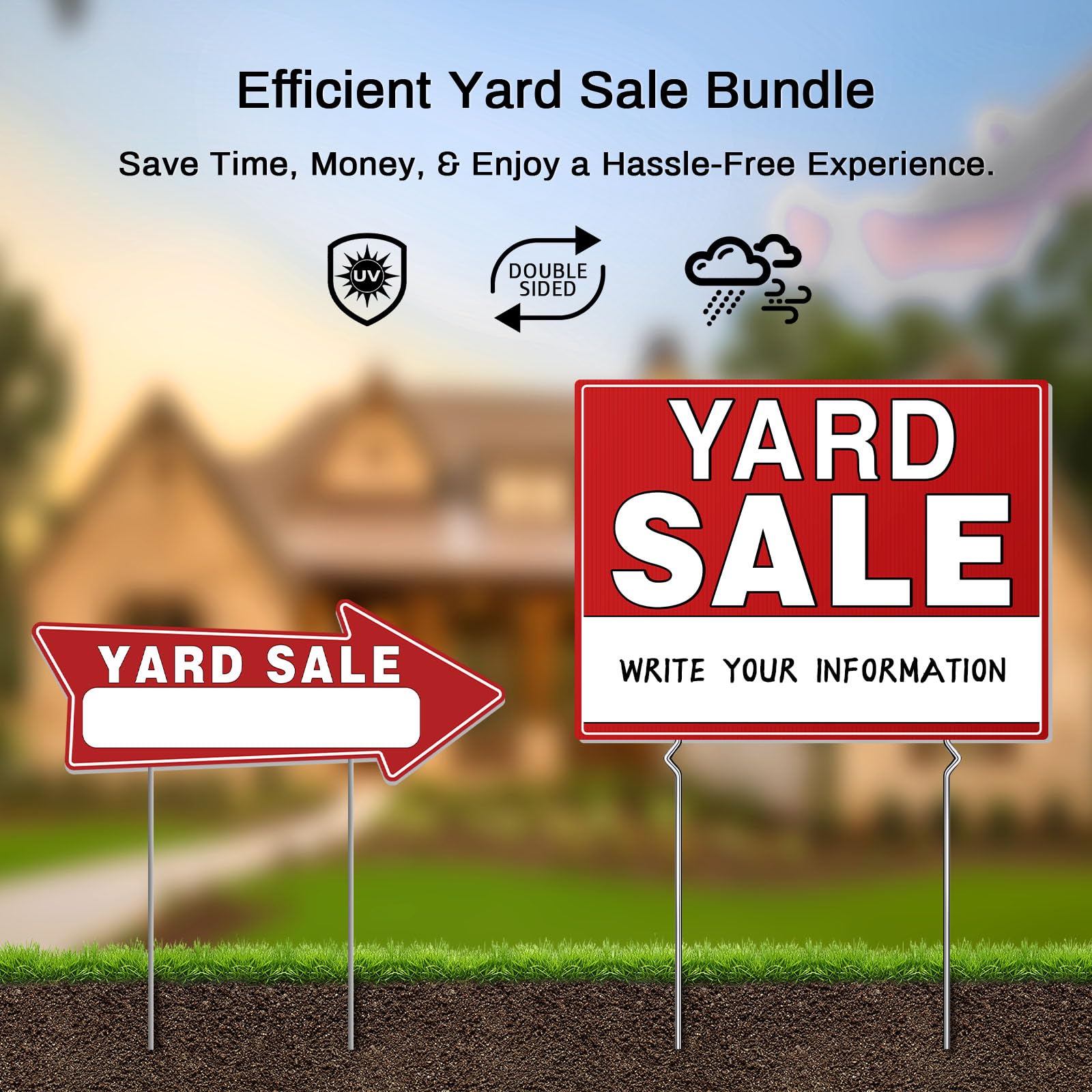 Yard Sale Signs are weatherproof and durable for outdoor use in any forecast