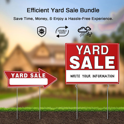 Yard Sale Signs are weatherproof and durable for outdoor use in any forecast