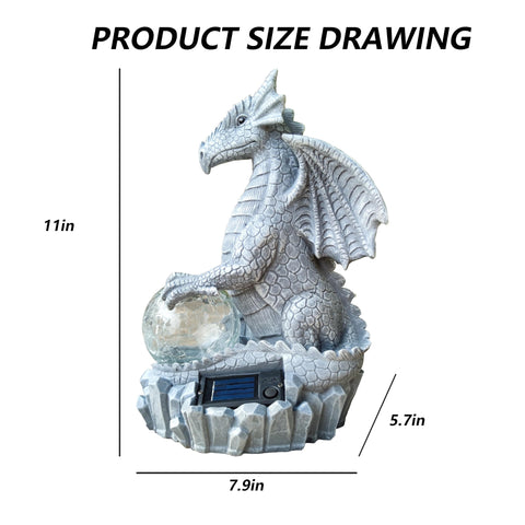 Dragon statue lights automatically at dusk for warm outdoor ambiance.