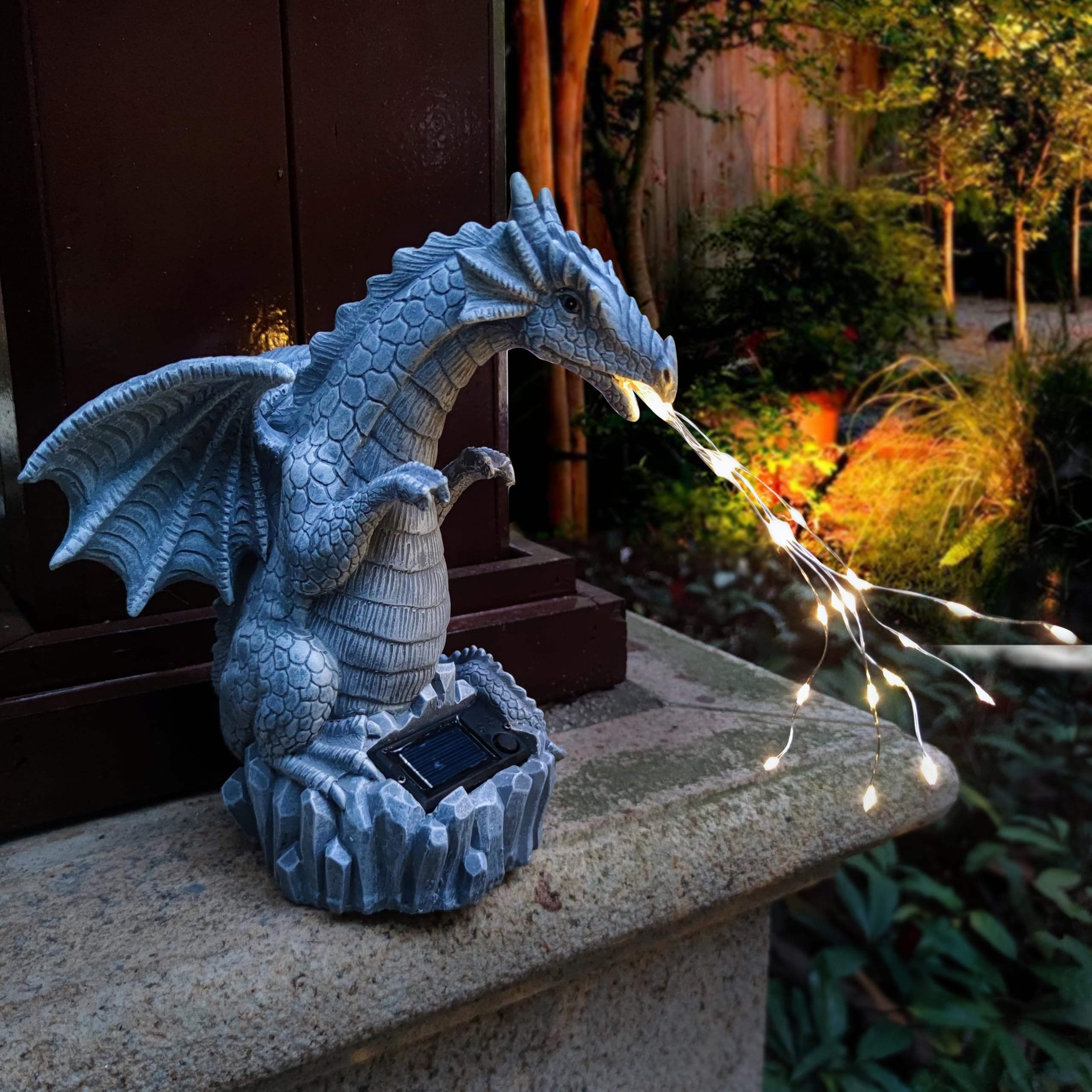 Yardancer dragon outdoor statue perched on base demonstrates reliable solar charging.