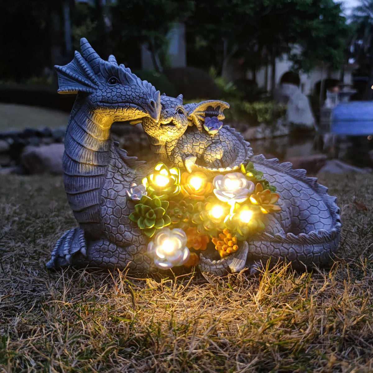 Yardancer Dragon solar garden statue, front view, enhances outdoor spaces with magical charm.