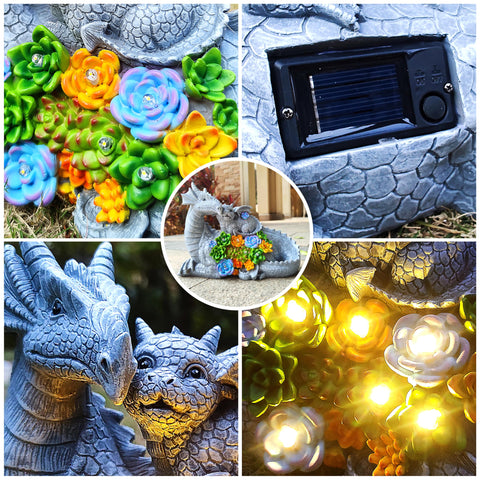 Yardancer dragon solar statue with LED lights lit at night for subtle backyard ambience.