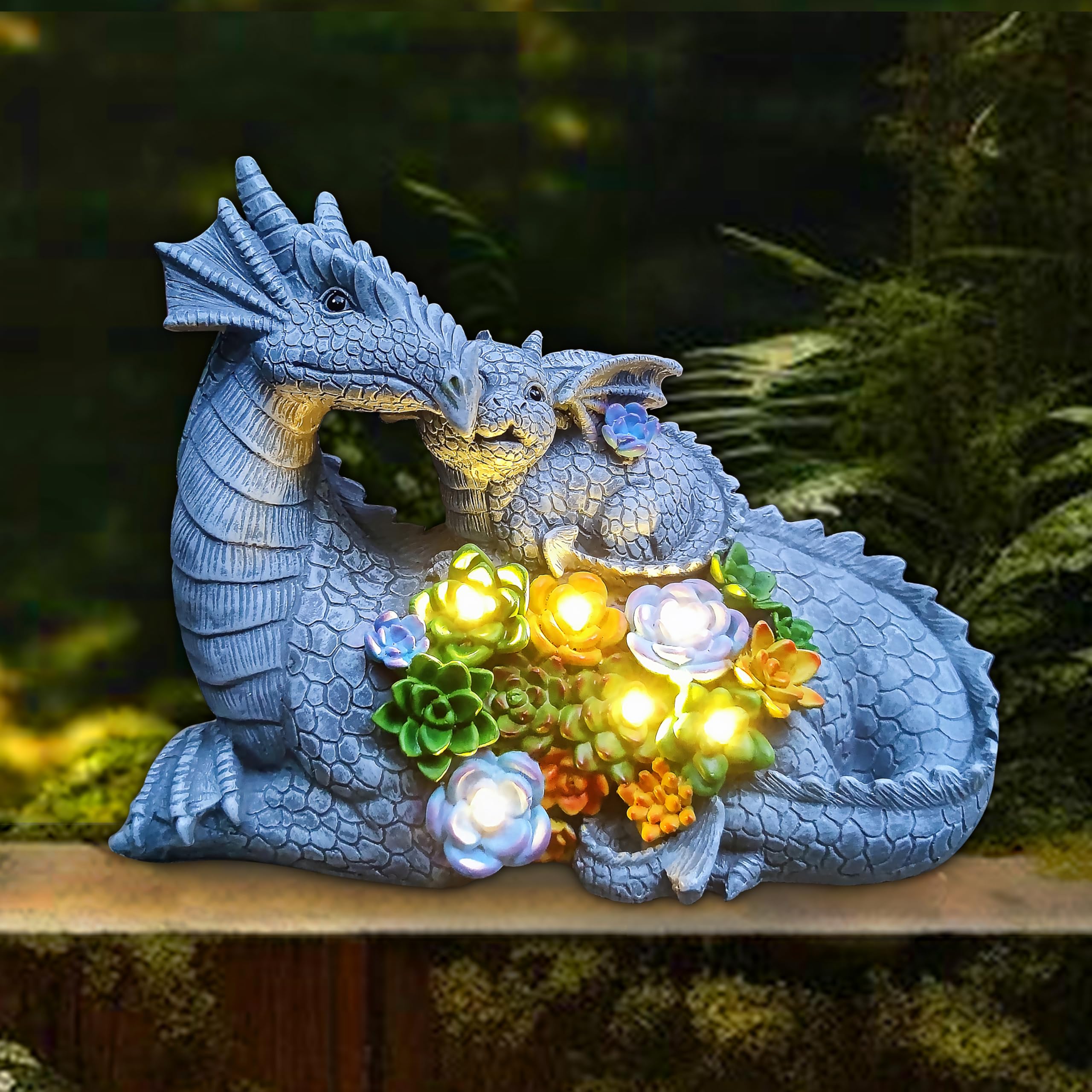 Yardancer dragon with succulent scene enhances outdoor displays with natural plant accents.