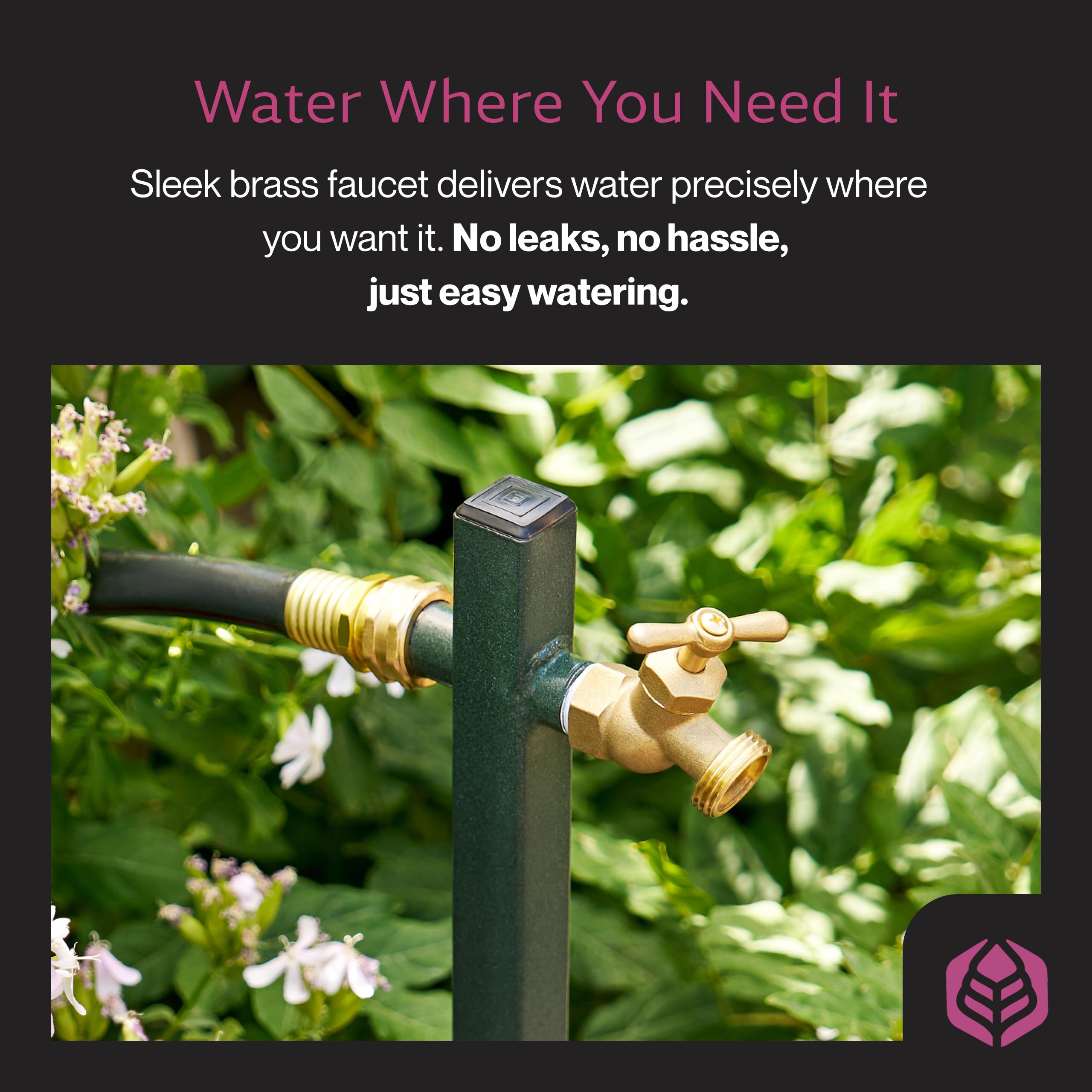 Yard Butler hose bib extender stand shows stable, free-standing installation.