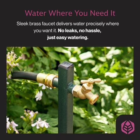 Yard Butler hose bib extender stand shows stable, free-standing installation.