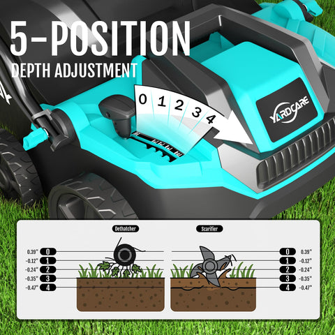 Depth lever on the YARDCARE dethatcher highlighting 5-position control