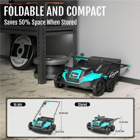 Foldable handlebar feature on the YARDCARE dethatcher for quick storage