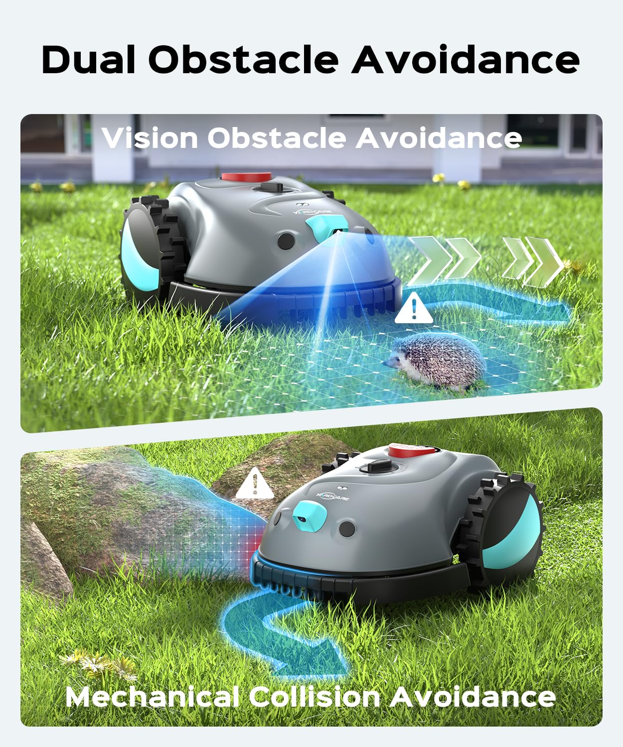 YARDCARE V100 obstacle detection identifies up to 150 objects for safe mowing.