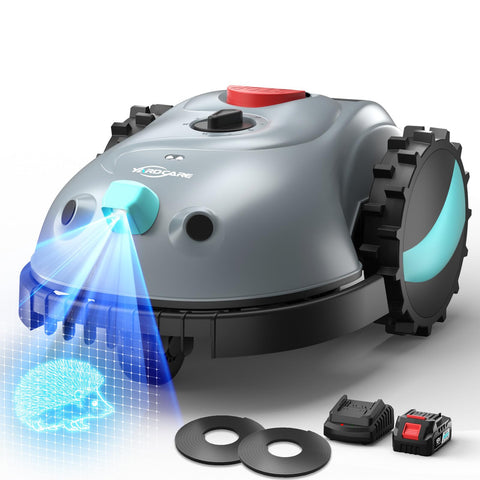 YARDCARE V100 with vision navigation guiding the mower across a lawn.