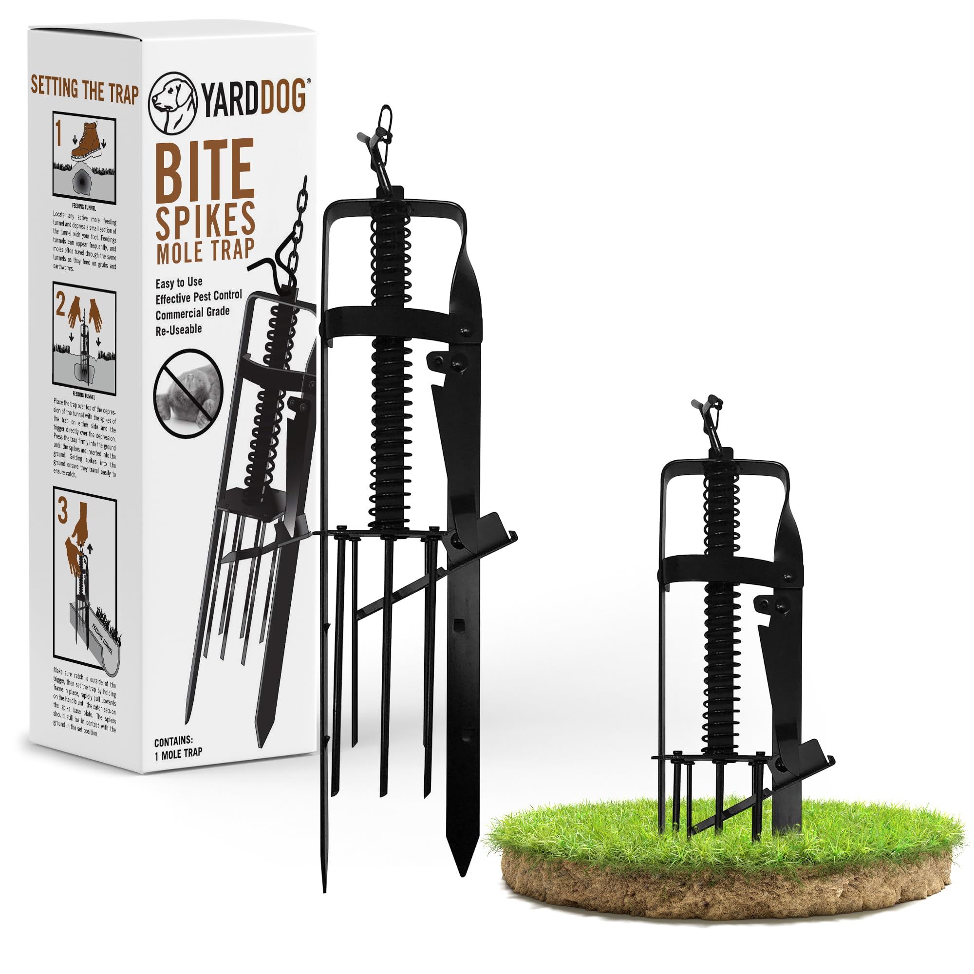 YARDDOG Bite Spikes Plunger-Style Mole Trap protects lawns from burrowing pests.