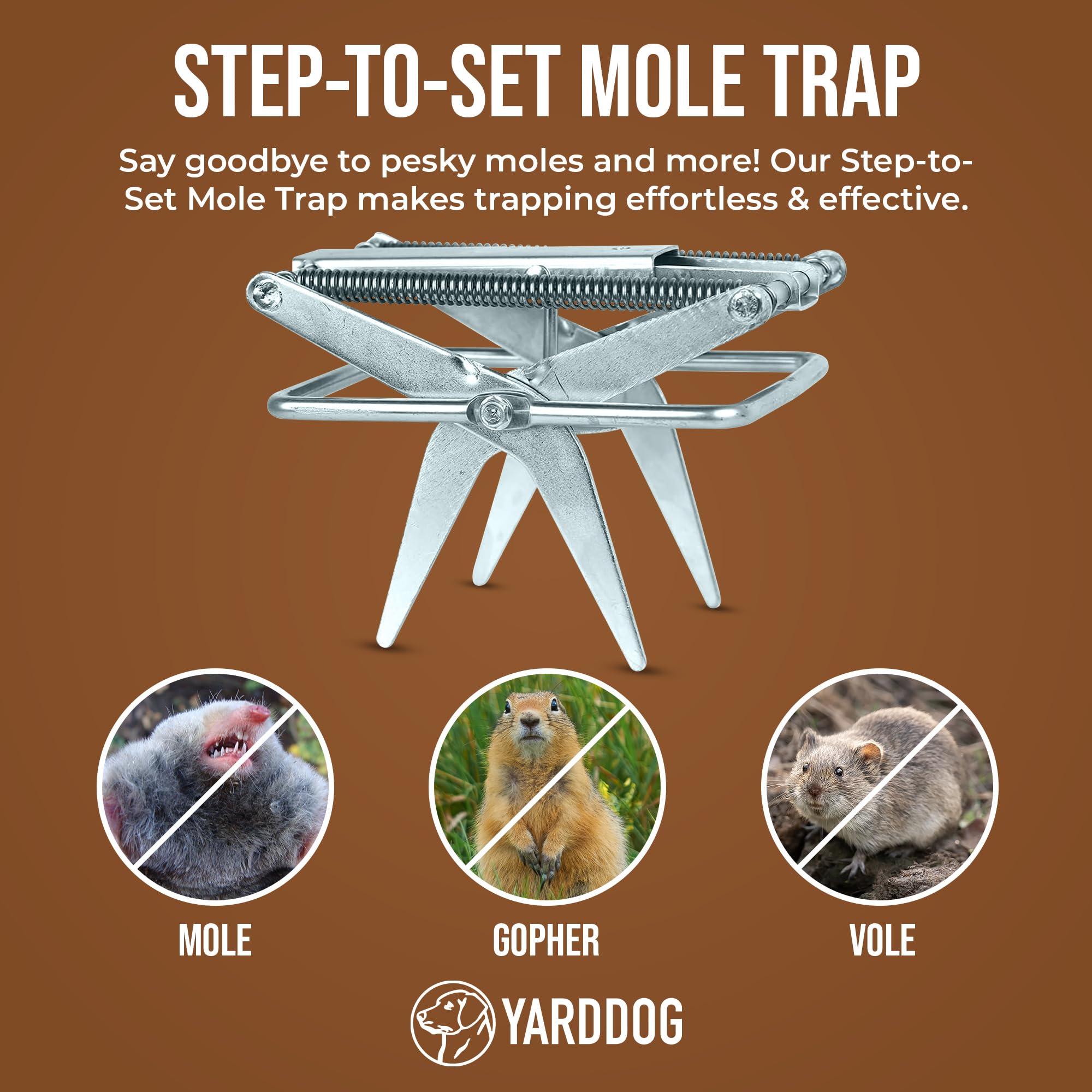 YARDDOG mole scissor trap close-up on durable steel frame.