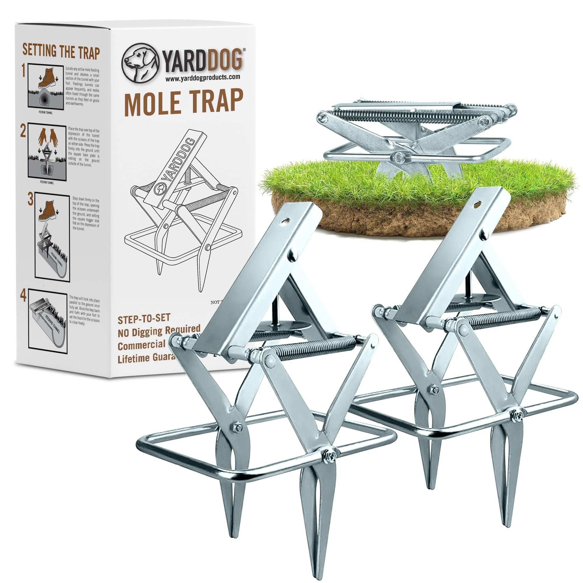 YARDDOG Mole Scissor Trap in step-action pose for easy setup.