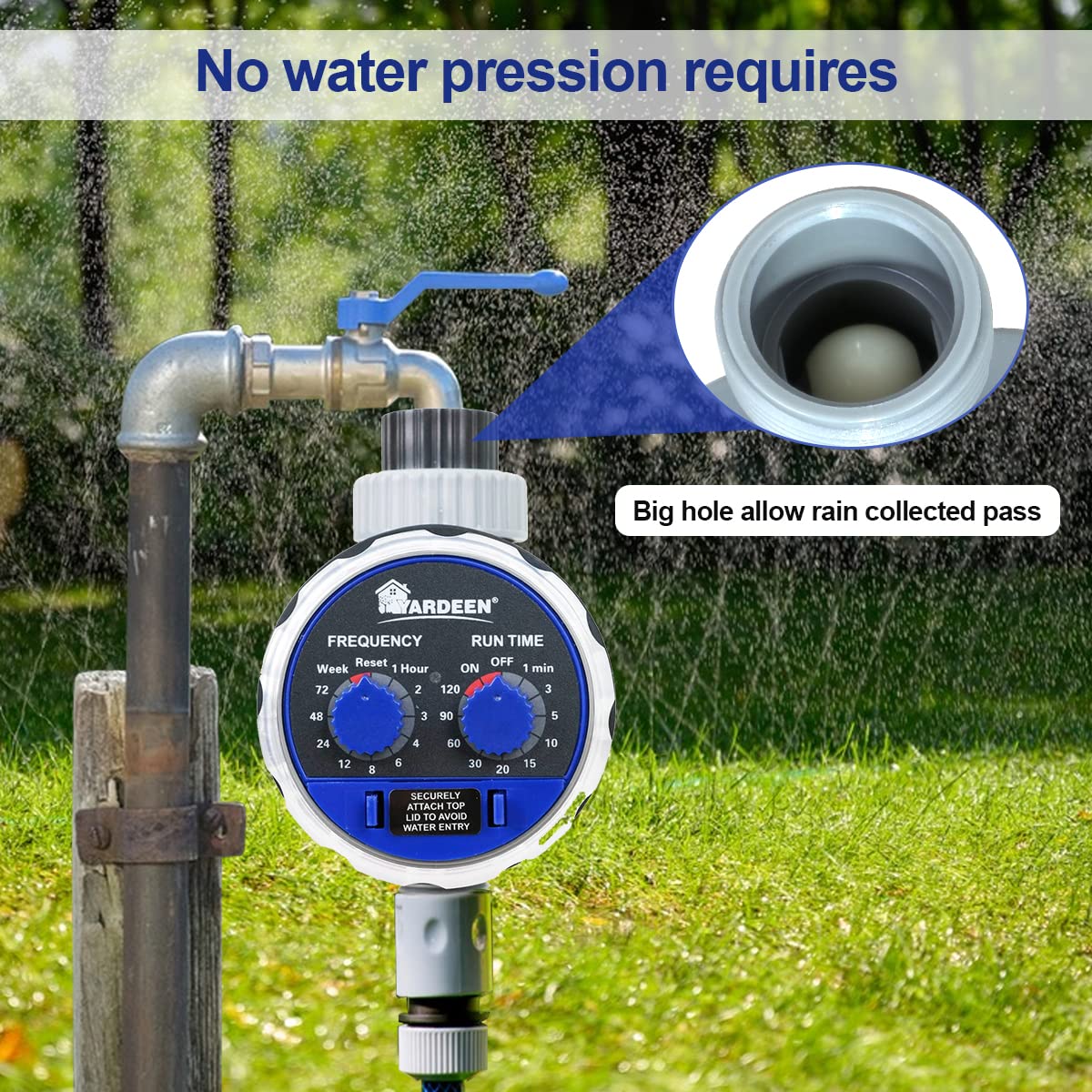 Yardeen battery-powered timer installed for hands-off lawn irrigation.