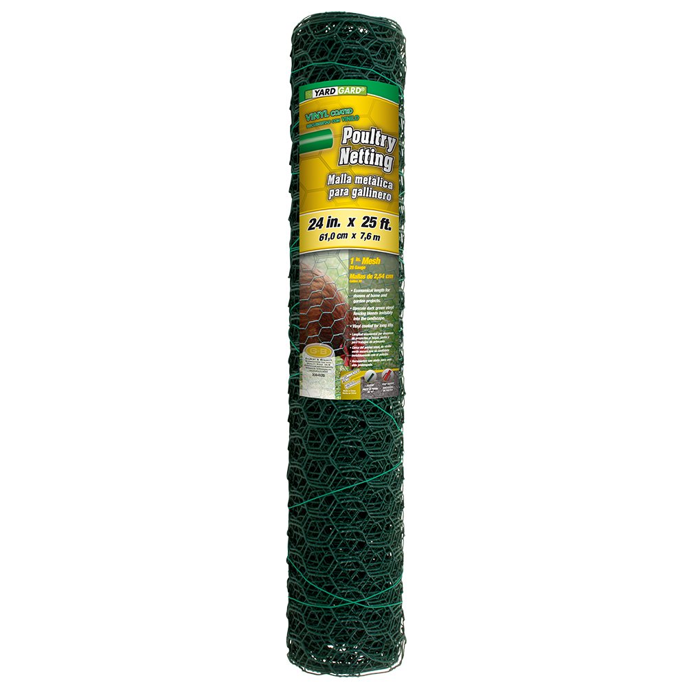 YARDGARD 1-inch mesh fence roll with green PVC coating for garden use and containment.