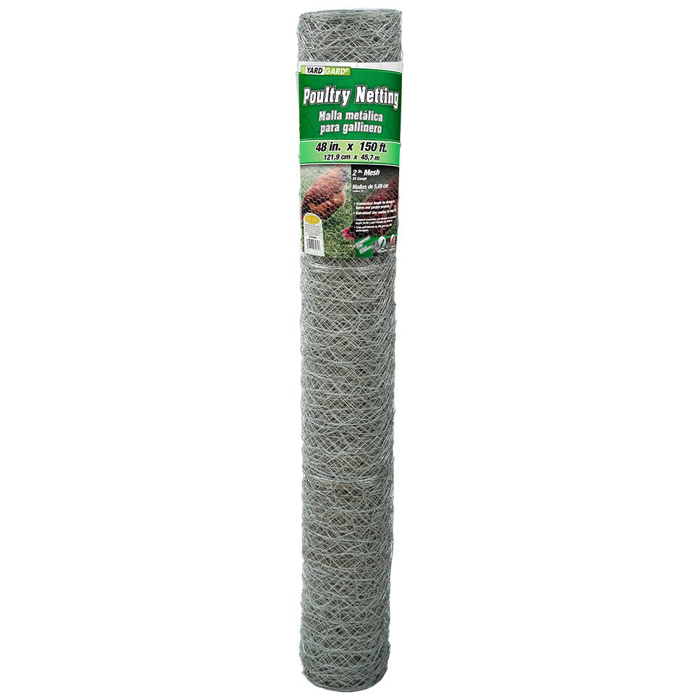 YARDGARD 2in poultry netting roll shows durable hex mesh for poultry containment and airflow.
