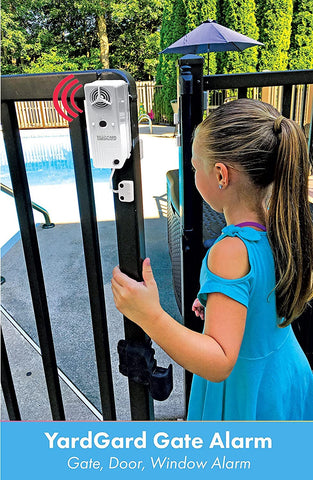 YARDGARD gate alarm mounted on a wooden gate for reliable monitoring.