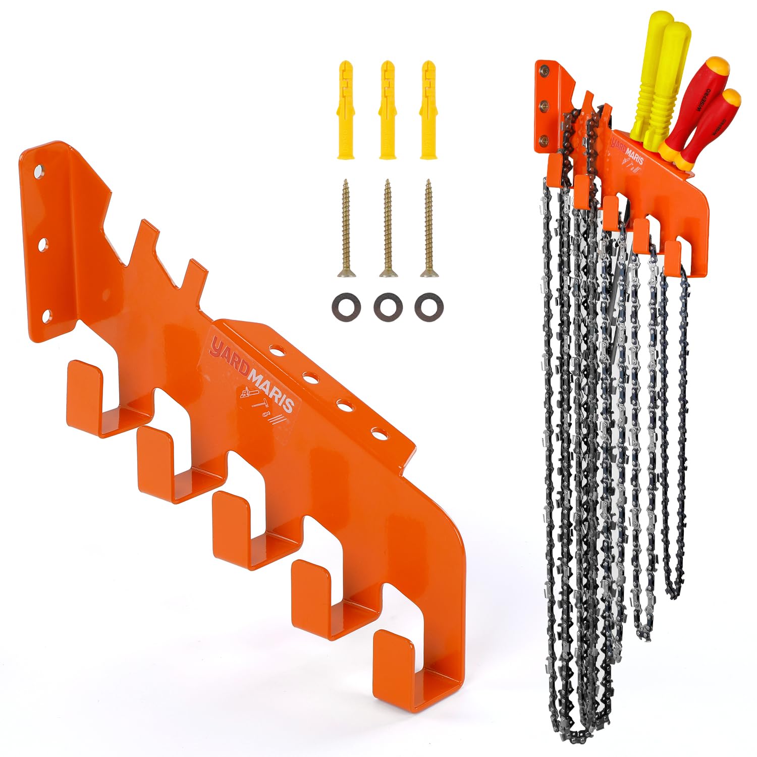YARDMARIS wall-mount chainsaw chain rack with five hooks for organized access