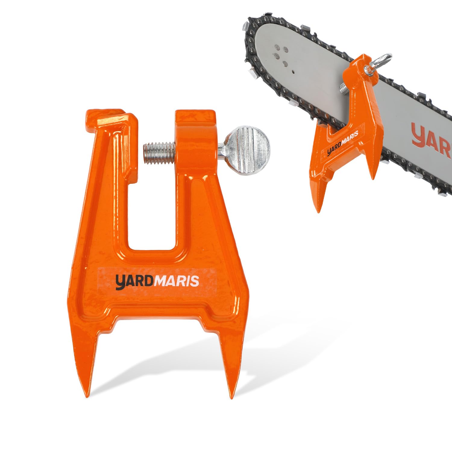 YARDMARIS filing vise on stump setup enables stable chainsaw sharpening outdoors