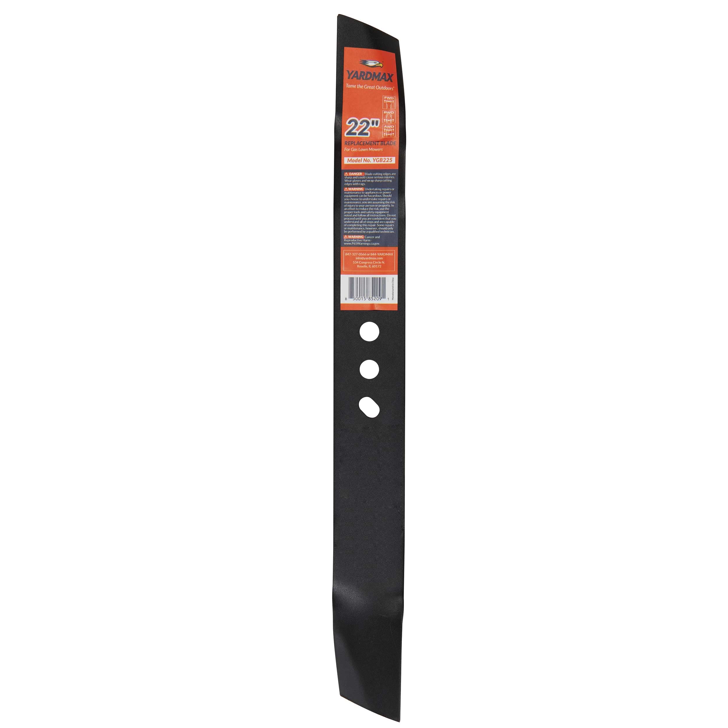 YARDMAX 22-inch replacement blade, front view, crisp cuts possible.