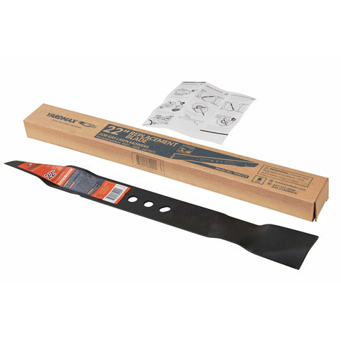 YARDMAX blade packaging highlights compatibility and quick installation.