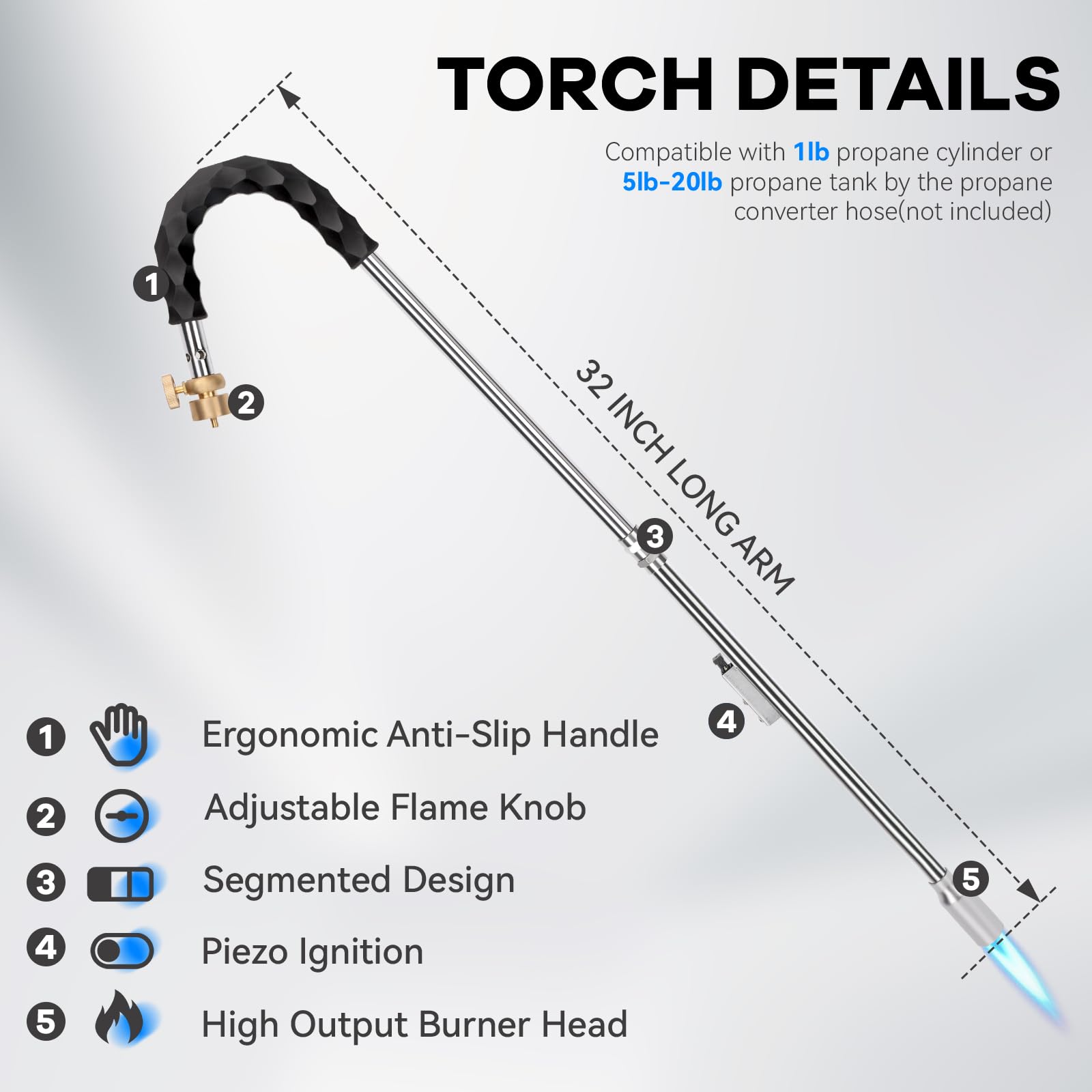 Yardwizard weed torch with 32-inch arm enables comfortable weed removal from a standing position.