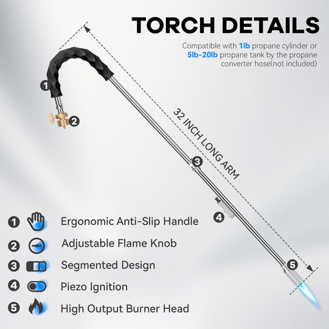 Yardwizard weed torch with 32-inch arm enables comfortable weed removal from a standing position.