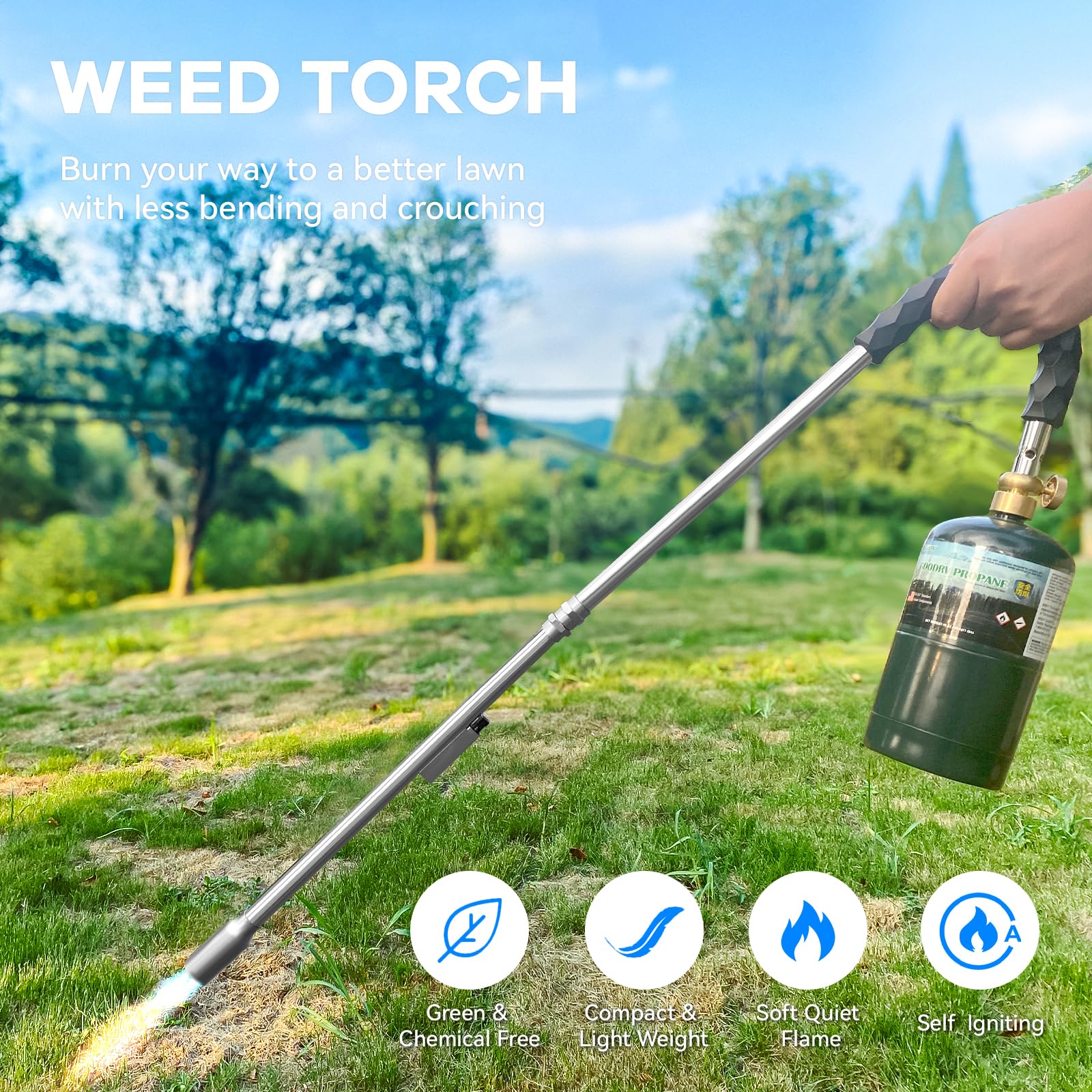 Yardwizard weed torch demonstrated for multi-use tasks like ice melt and campfire prep.