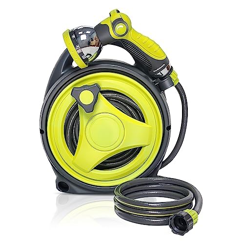 YASHINE 50ft retractable hose reel in green, portable for garden use