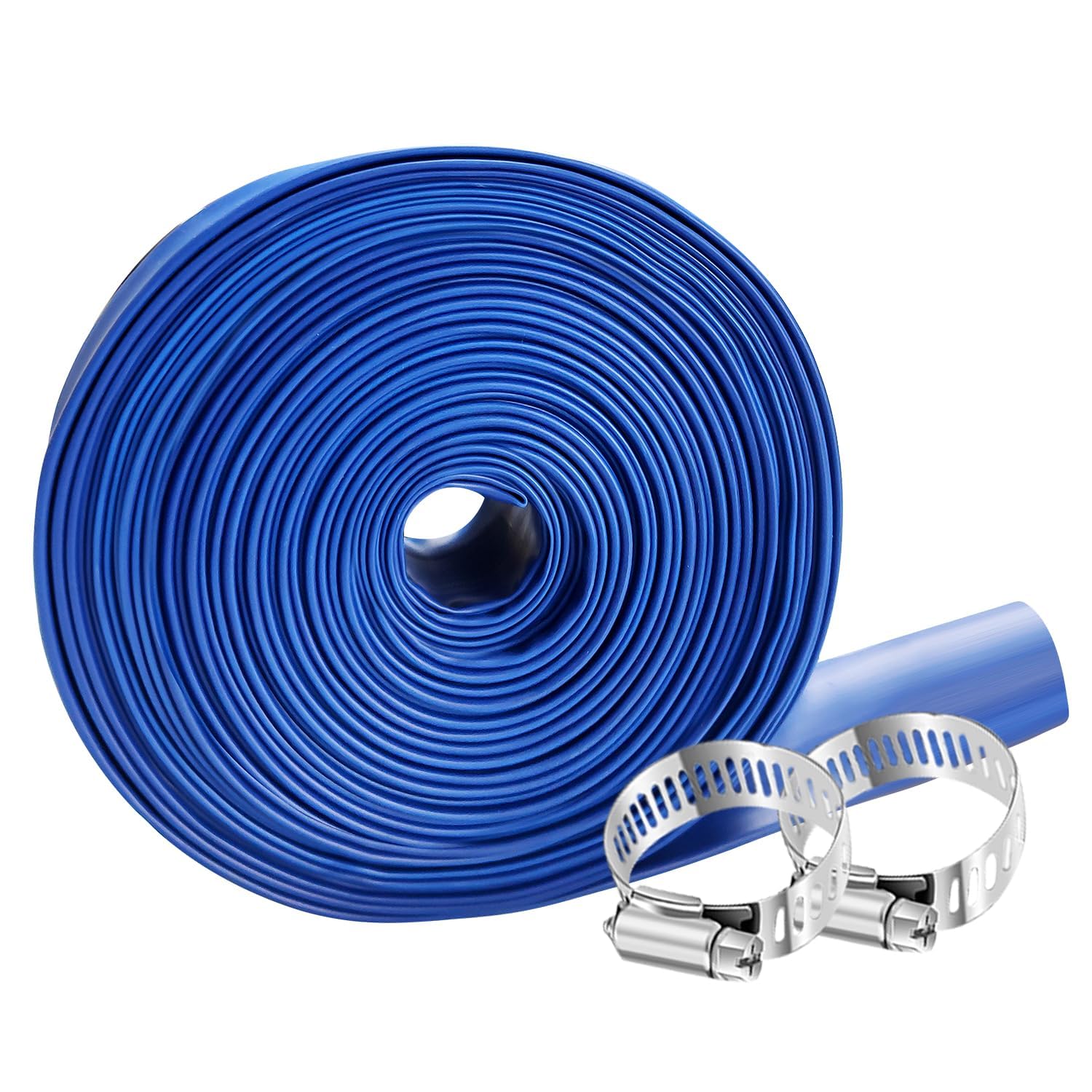 YASHINE PVC drain hose 2in, blue lay-flat design ideal for pool backwash and drainage.