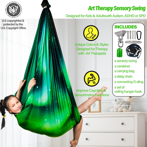 Yatoco Sensory Swing Aurora Green showing 360° swivel hanger for versatile motion.