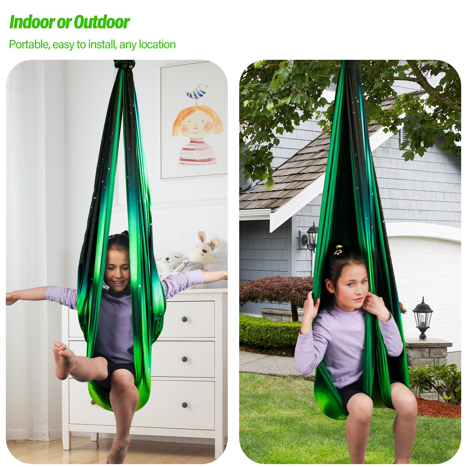 Yatoco Sensory Swing Aurora Green helps calm sensory seekers during downtime.