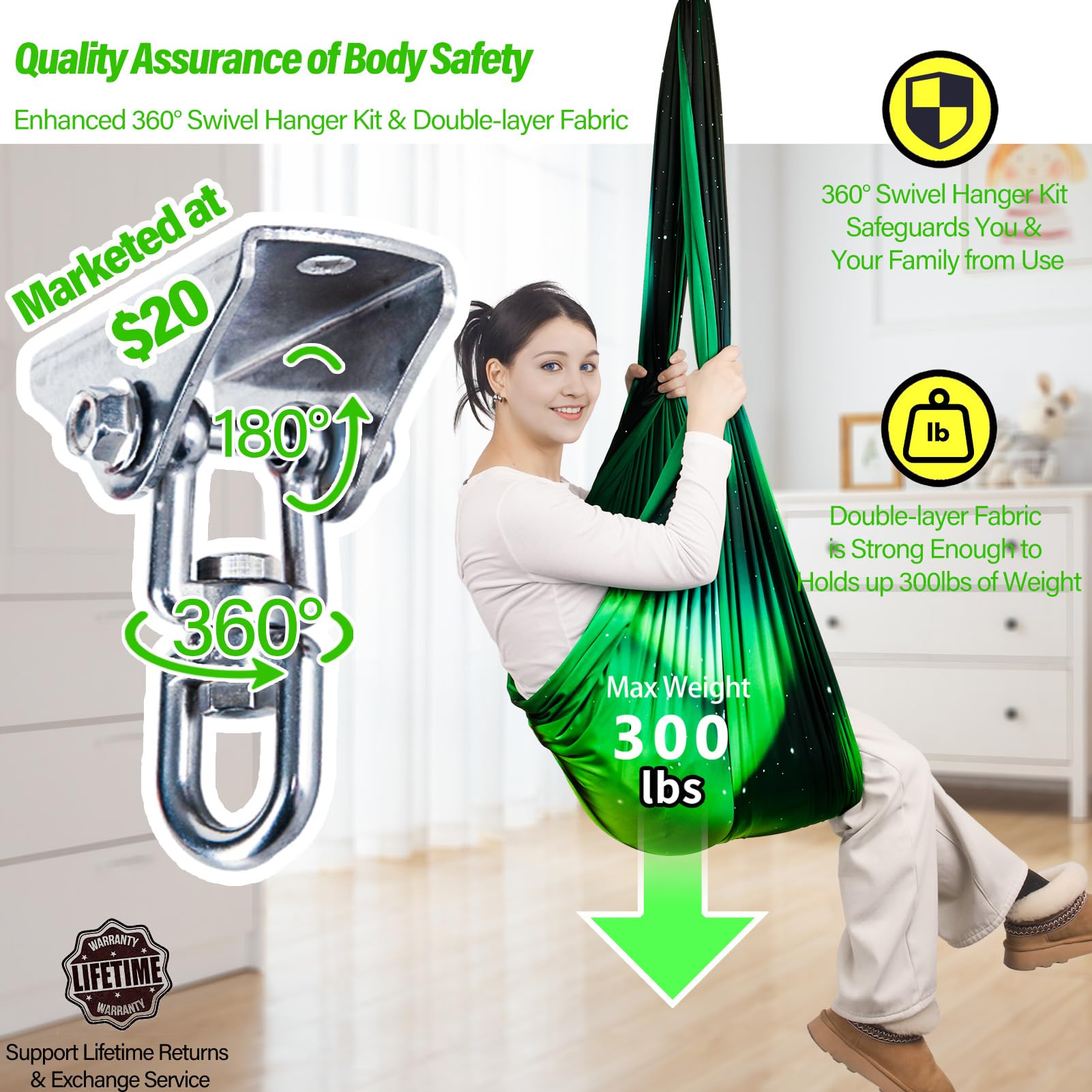 Yatoco Sensory Swing Aurora Green features double-layer fabric for durability and comfort.