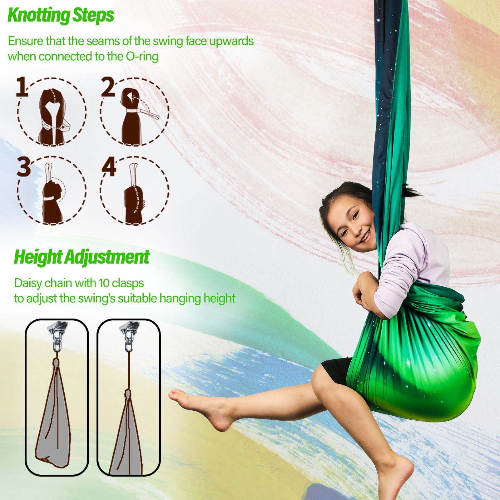 Yatoco Sensory Swing Aurora Green includes easy-install hardware kit for setup.