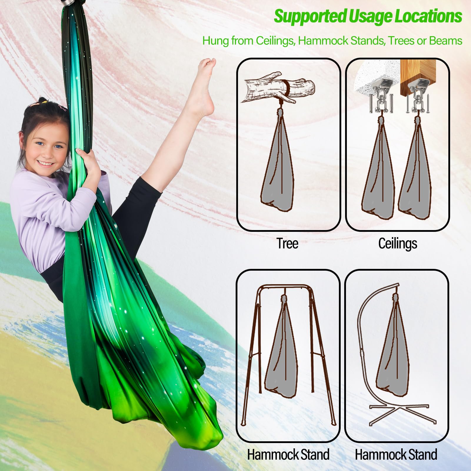 Yatoco Sensory Swing Aurora Green supports up to 300 lbs for all ages.