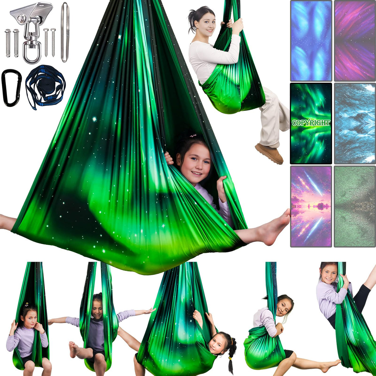 Yatoco Sensory Swing Aurora Green with hug-like design for soothing, playful use.