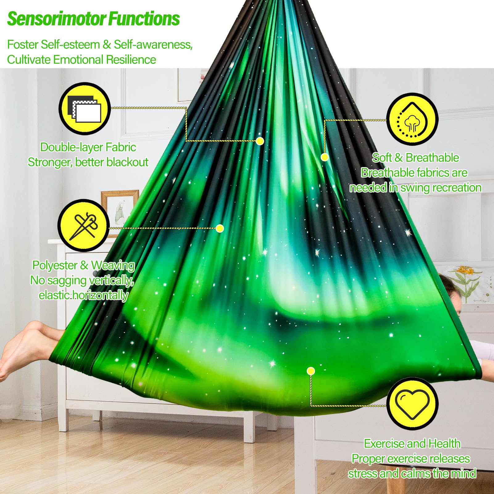 Yatoco Sensory Swing Aurora Green suitable for indoor and outdoor installation.