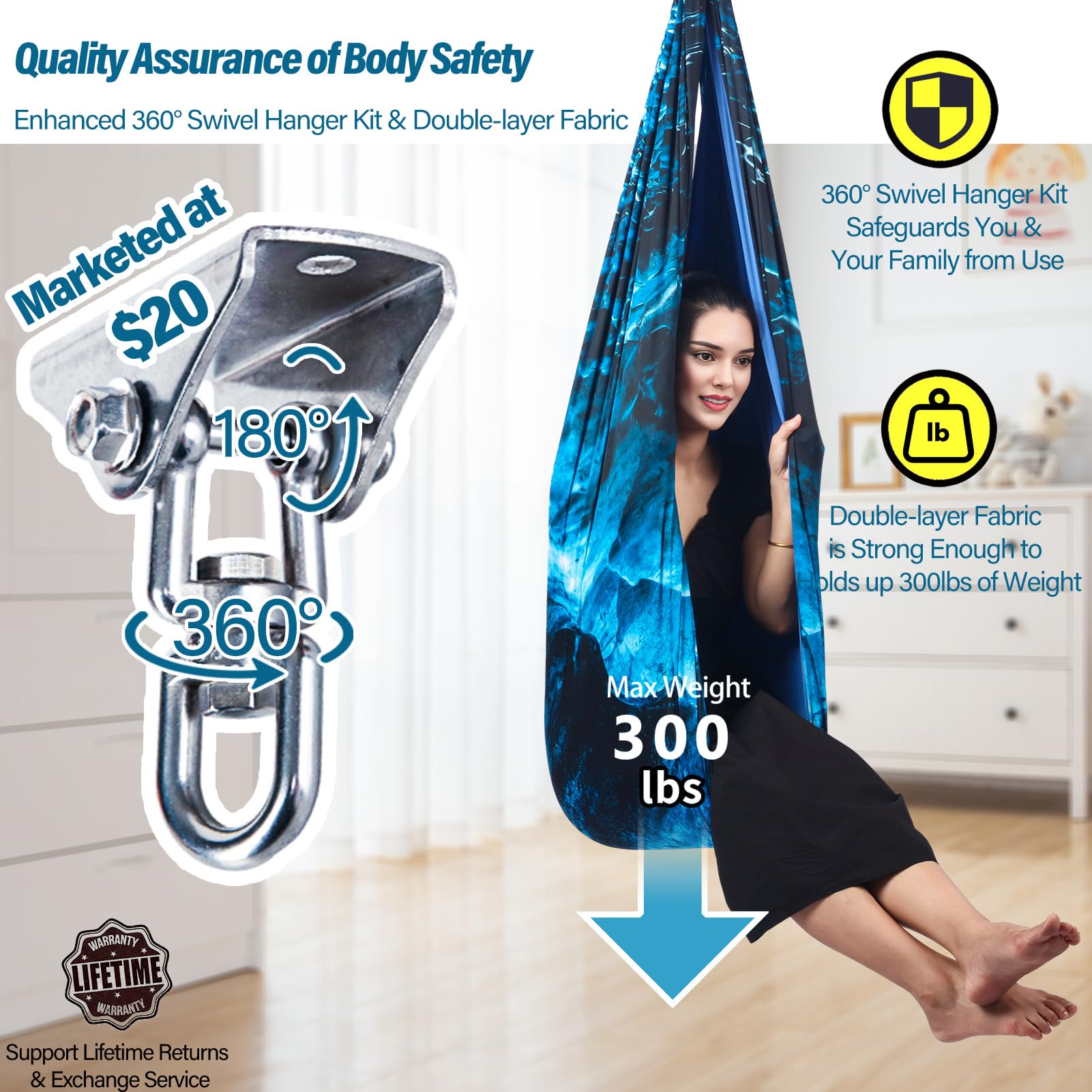 Yatoco Sensory Swing double-layer fabric is soft and durable and machine washable