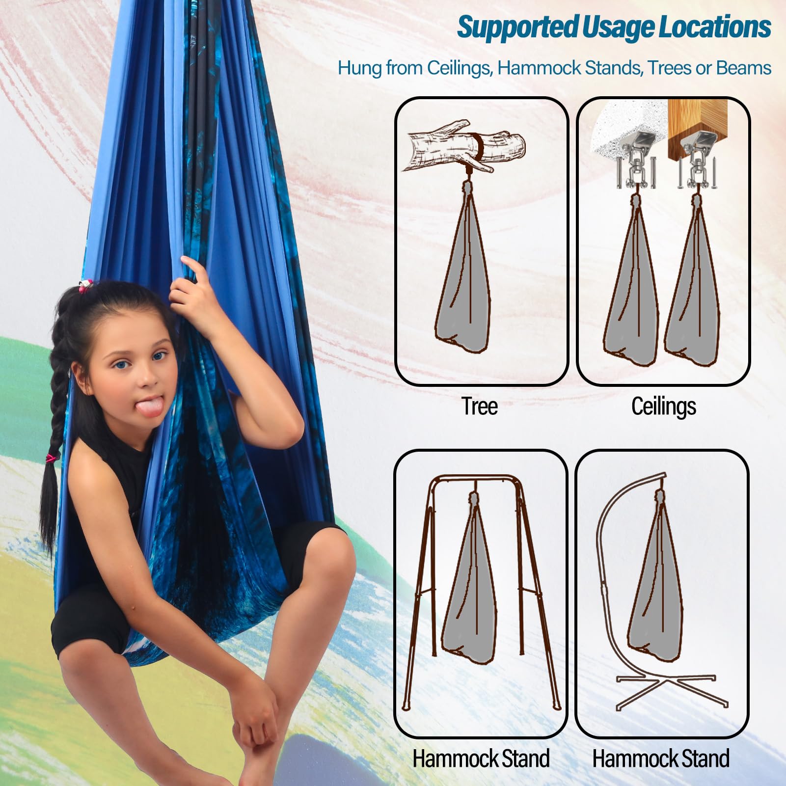 Yatoco Sensory Swing includes daisy chains and carabiners for secure mounting