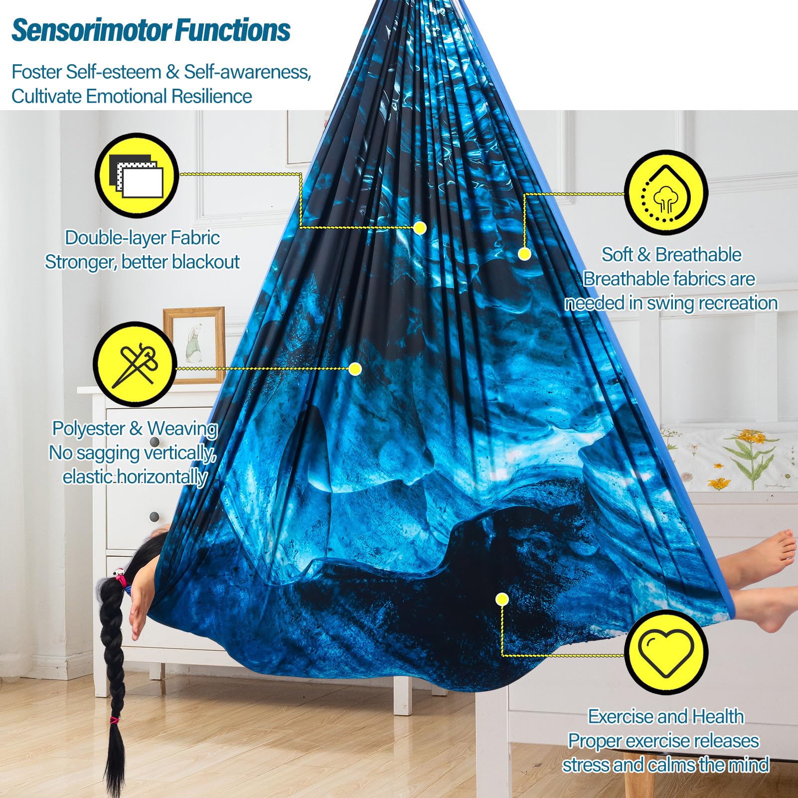 Yatoco Sensory Swing installable indoors or outdoors with included hardware