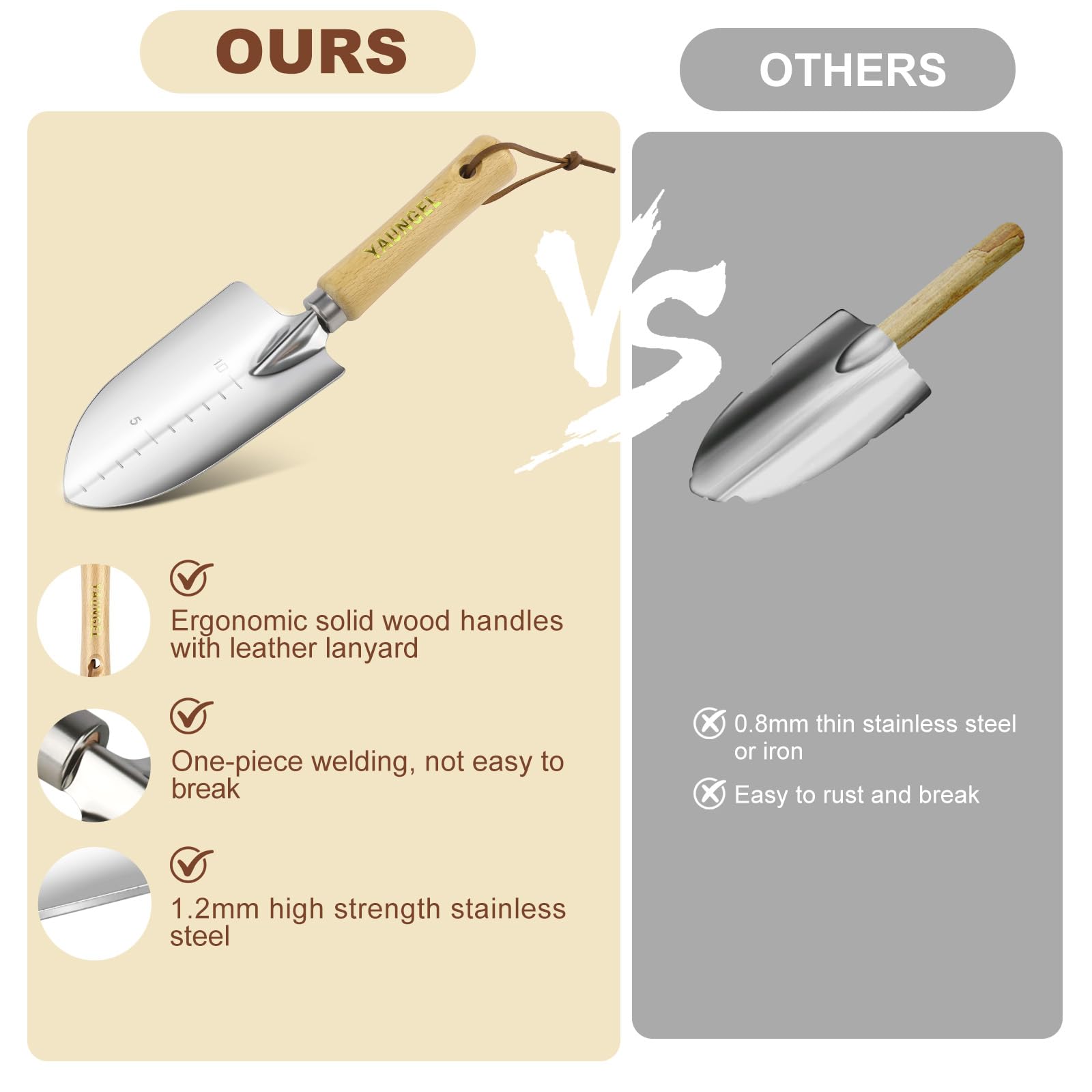 YAUNGEL wooden-handled ergonomic grip, comfortable all-day use for digging and pruning.